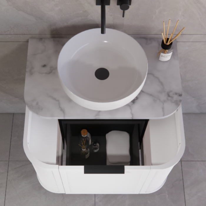 750*450*450mm ABS Houston Matt White Plywood Curved Wall Hung Vanity  with Front Pull-out Side Cabinets, No Side Clearance Needed