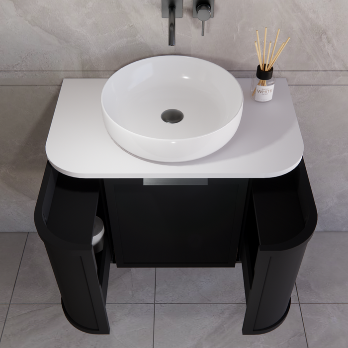 750*450*450mm ABS Houston Matt Black Plywood Curved Wall Hung Vanity with Front Pull-out Side Cabinets, No Side Clearance Needed
