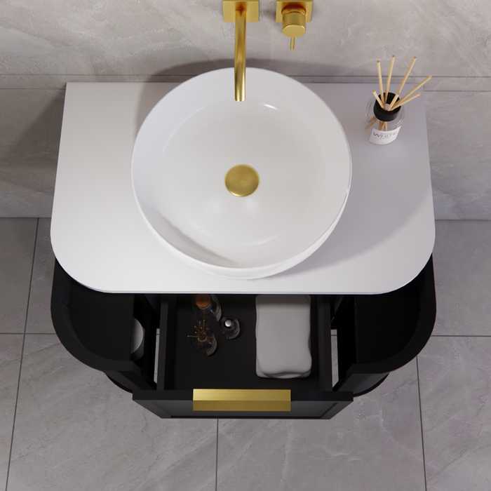 750*450*450mm ABS Houston Matt Black Plywood Curved Wall Hung Vanity with Front Pull-out Side Cabinets, No Side Clearance Needed