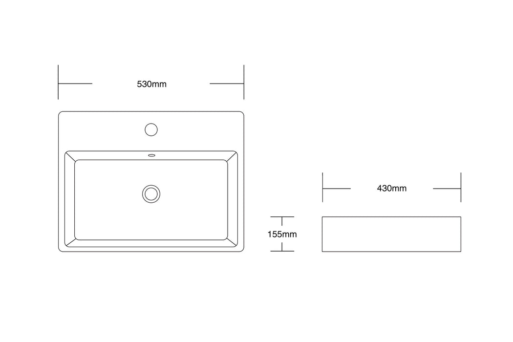 530*430*155mm Rectangle Gloss White Ceramic Above Counter Basin