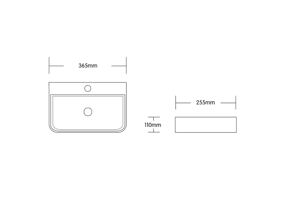 365*255*110mm Rectangle Gloss White Ceramic Above Counter Basin