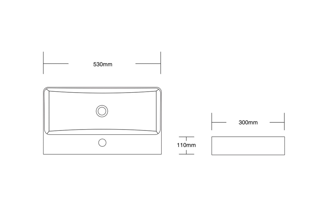 530*300*110mm Rectangle Gloss White Ceramic Above Counter Basin