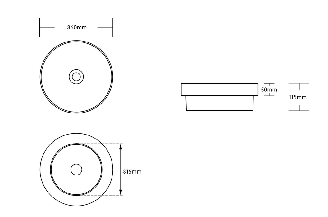 360*360*115mm Round Gloss White Ceramic Above Counter/Drop In Basin