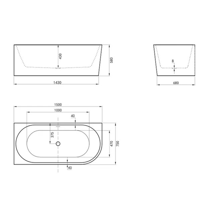 1500/1700*750/800*595mm INS ICBT Gloss White Oval Acrylic Freestanding Corner Back to Wall Bathtub
