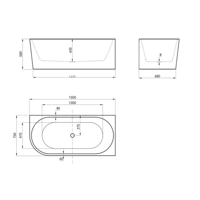1500/1700*750/800*595mm INS ICBT Gloss White Oval Acrylic Freestanding Corner Back to Wall Bathtub