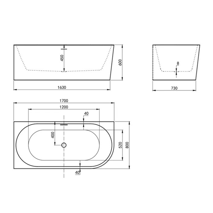 1500/1700*750/800*595mm INS ICBT Gloss White Oval Acrylic Freestanding Corner Back to Wall Bathtub