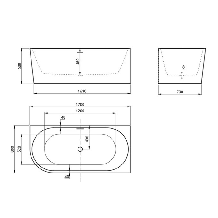 1500/1700*750/800*595mm INS ICBT Gloss White Oval Acrylic Freestanding Corner Back to Wall Bathtub