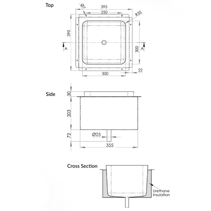 300*300*200mm 3monkeez Weld In Insulated Stainless Steel Ice Well