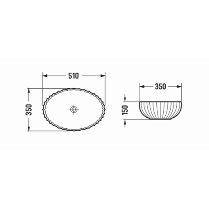 510*350*150mm Infinity Oval Fluted Tempered Glass Above Counter Basin