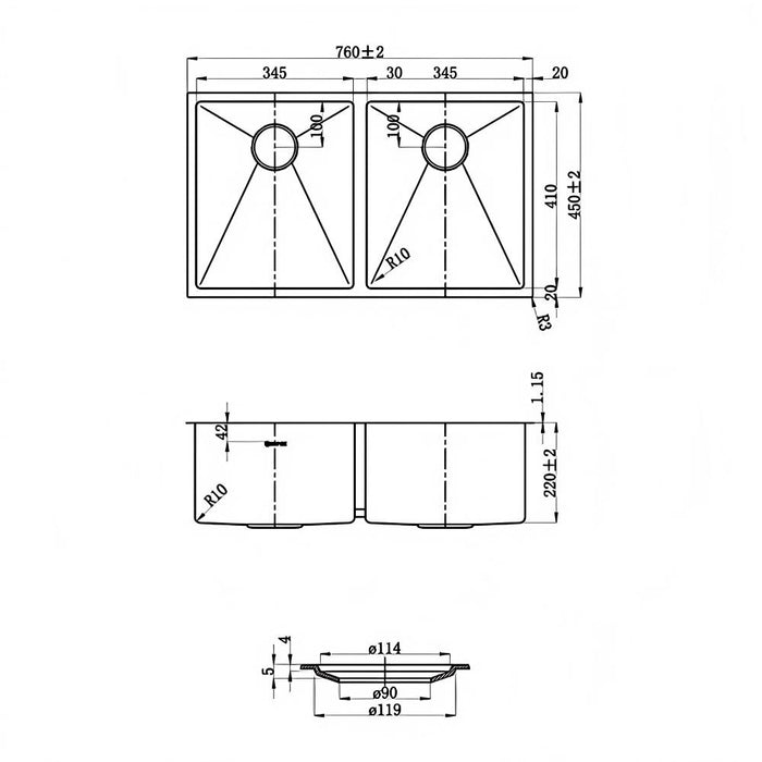 760*450*220mm Inspire ARTE Brushed Stainless Steel Double Bowl Top/Under Mount Kitchen Sink