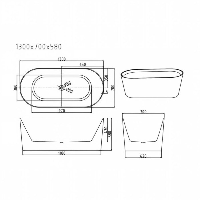 1200/1300/1400/1500/1600/1700mm Mercio ISEO Gloss White Oval Freestanding Bathtub