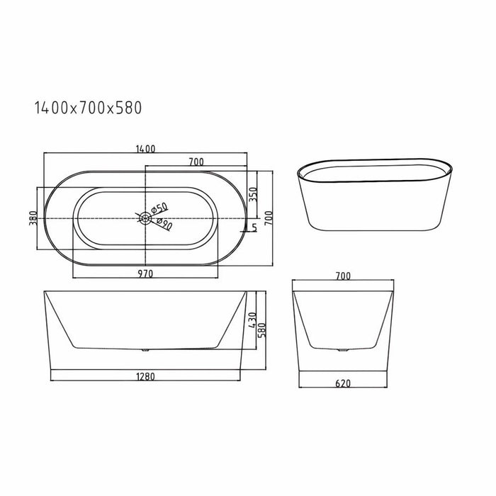1200/1300/1400/1500/1600/1700mm Mercio ISEO Gloss White Oval Freestanding Bathtub