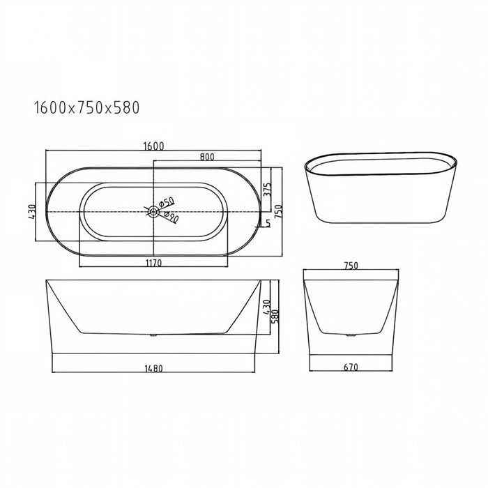 1200/1300/1400/1500/1600/1700mm Mercio ISEO Gloss White Oval Freestanding Bathtub