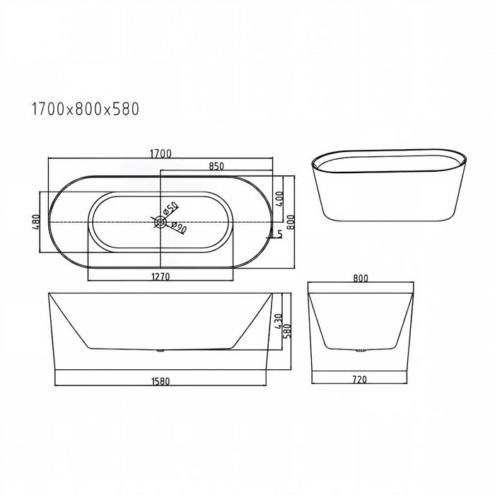 1200/1300/1400/1500/1600/1700mm Mercio ISEO Gloss White Oval Freestanding Bathtub