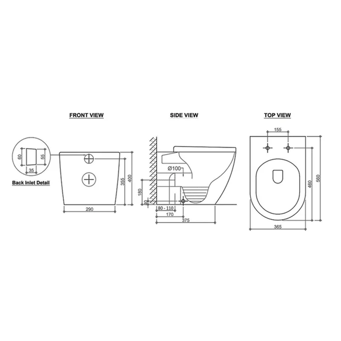 560*365*375mm Inspire Voghera Gloss White Rimless Standard/Slim Seat Wall Faced Pan