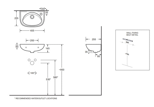 405*255*145mm Classica Ceramic Compact 1 Taphole Wall Basin With Waste - HD reno