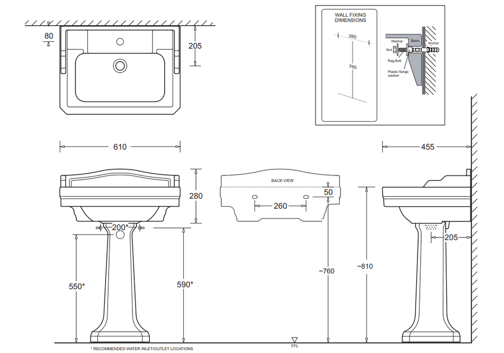 610*455*810mm Ceramic 1 Taphole Wall Basin With Pedestal And Waste