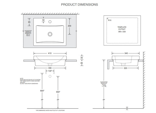 410*340*125mm Quado Ceramic Rectangular Semi-inset Basin With Waste - HD reno