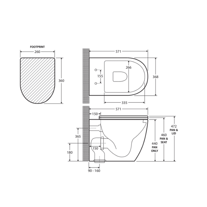 571*368*465mm Fienza Alix Ambulant Gloss White  Rimless Wall-Faced Toilet