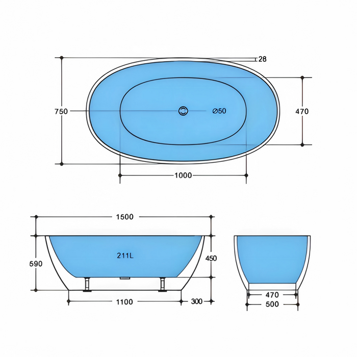 1500-1700*810*590mm Poseidon STBT Matt Black Oval Acrylic Freestanding Bathtub