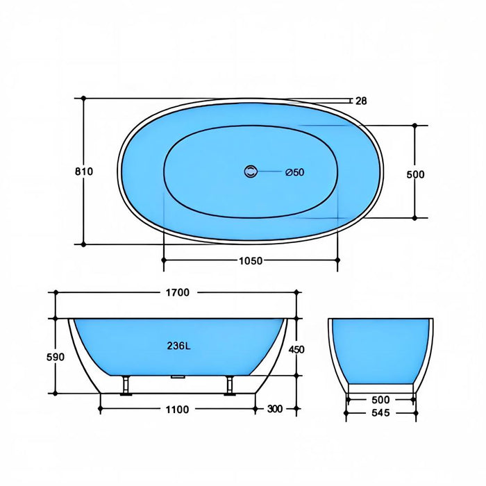 1500-1700*810*590mm Poseidon STBT Matt Black Oval Acrylic Freestanding Bathtub