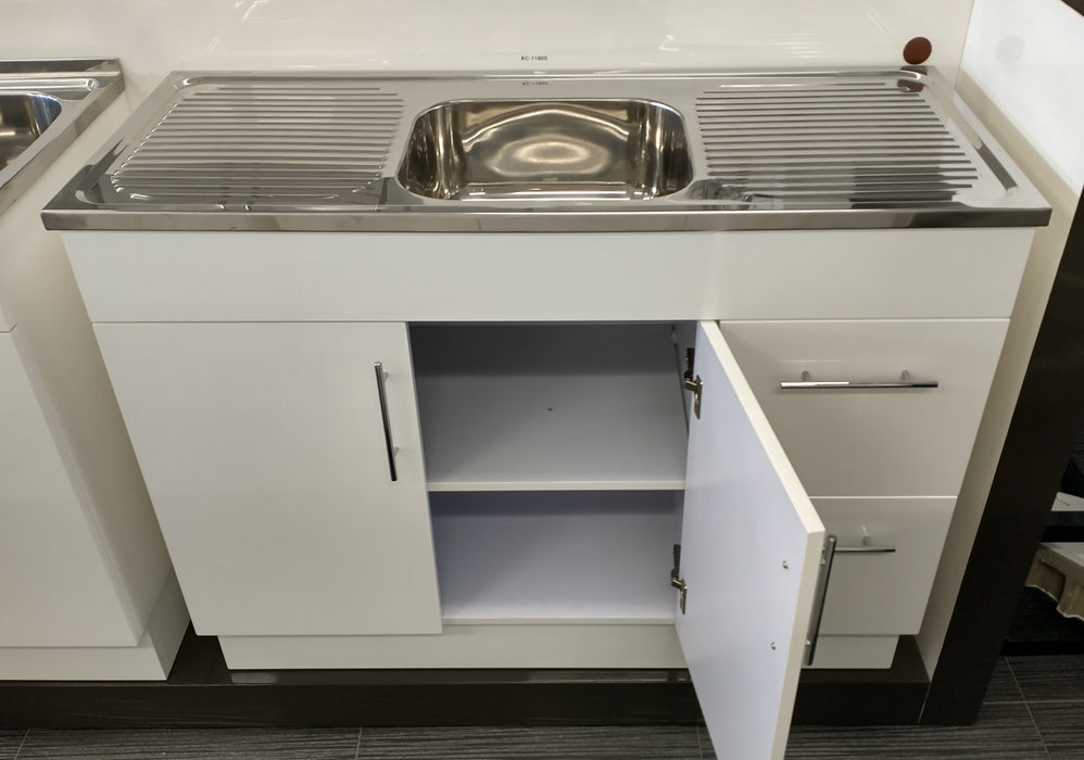 1180*470*870mm Kitchenette Soft Close Drawer Kitchen Polyurethane Cabinet with 304 Stainless Steel Sink