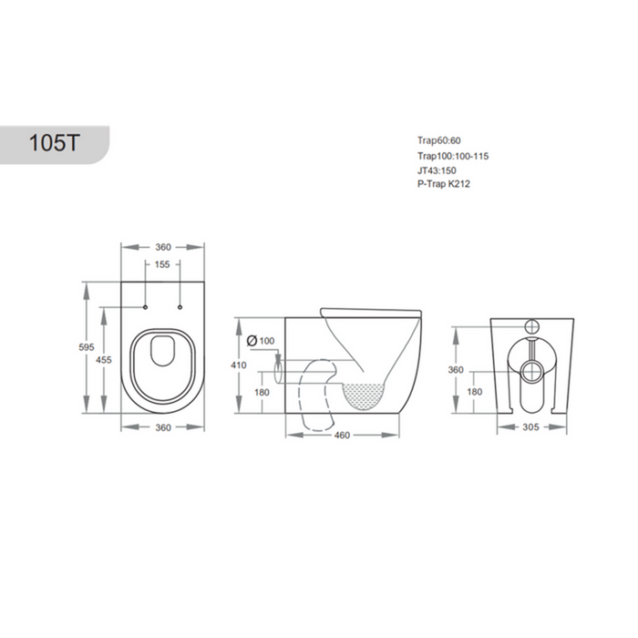 595*360*410mm Poseidon Veda Gloss White Tornado Wall Faced Floor Pan