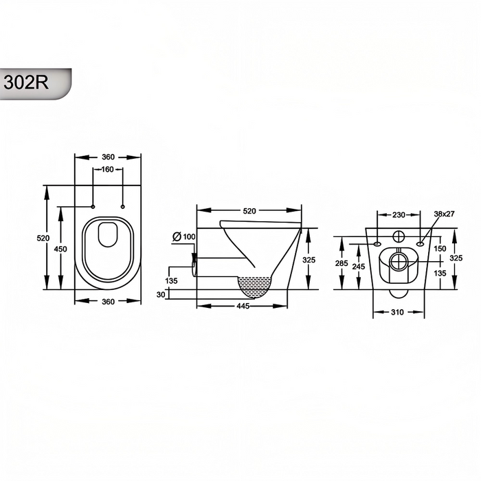 520*360*325mm Poseidon Avis Gloss White Rimless Ceramic Wall Hung Pan