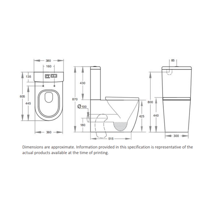 605*375*875mm Poseidon Avis Gloss White Rimless Compact Back To Wall Toilet