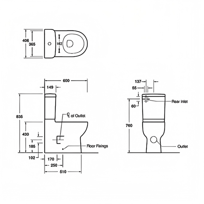 600*406*835mm Kohler Reach Compact White Box Rim Top Inlet Back To Wall Toilet Suite