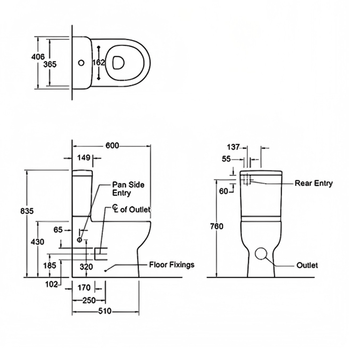 600*406*835mm Kohler Reach Compact White Box Rim Rear/Side Inlet Back To Wall Toilet Suite