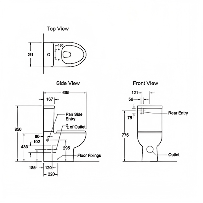 665*378*850mm Kohler Parliament White Box Rim Rear/Side Inlet Back To Wall Toilet Suite