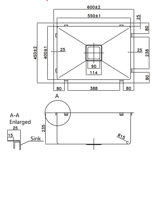 550*400*235mm Gun Metal Square Stainless Steel Kichen Sink