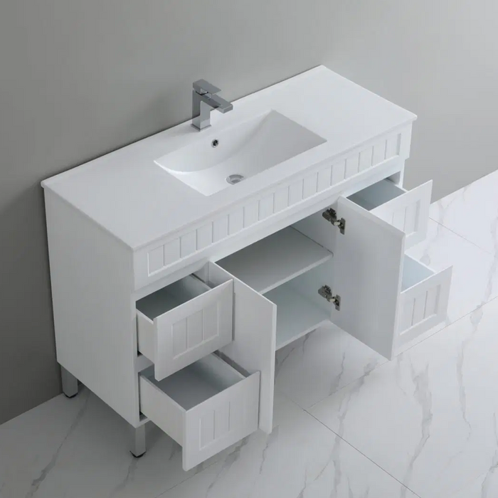 900-1500*460mm Acacia Matte White Bathroom Vanity Freestanding With Legs Left/Right Drawers Cabinet Only and Ceramic/Stone Top Available - HD reno