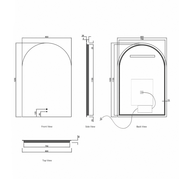 900*600/1200*800mm Otti Archie  Frameless Back Lit Tuffi LED Mirror