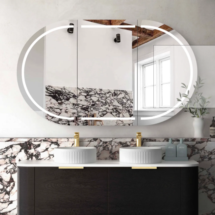 1500*900mm Otti LED Bondi Oval Curved Moisture Resistant Plywood Shaving Cabinet