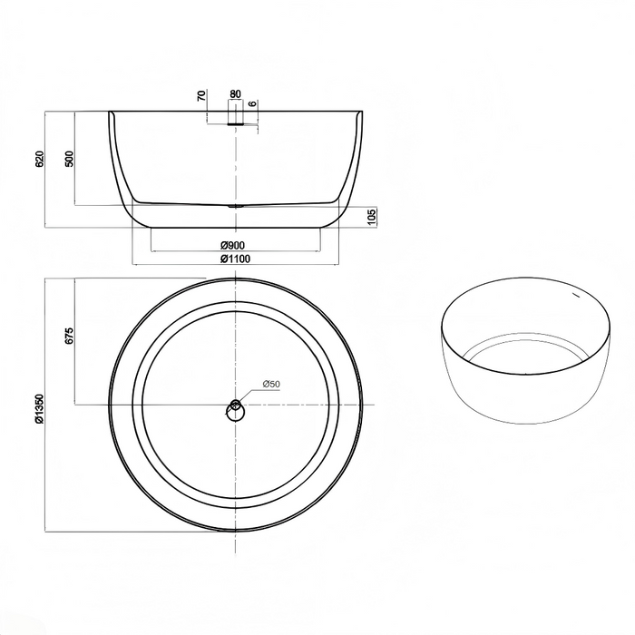 1350*1350*620mm Lukka Olley Gloss White Round Acrylic With Overflow Freestanding Bathtub