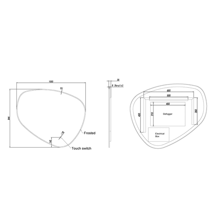 1000*844mm Aquaperla 3 Color Lighting Asymmetrical Acrylic LED Mirror