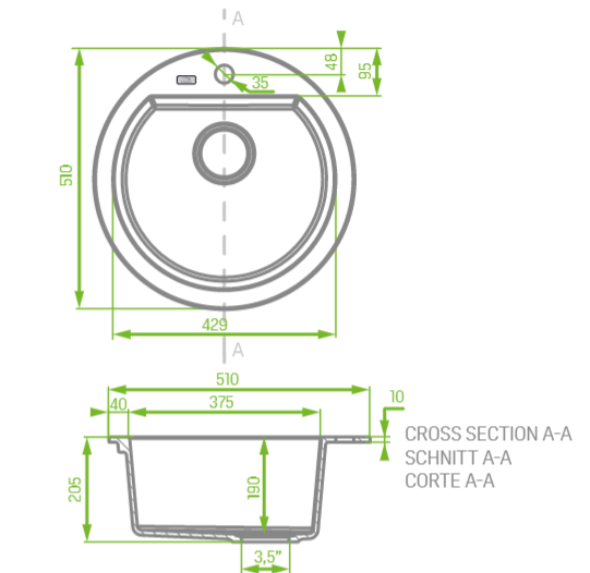 510*205mm ACA Laveo Beige Granite Stone Round Sink Single Bowl with Space Saving Siphon and Click-clack Plug Sink