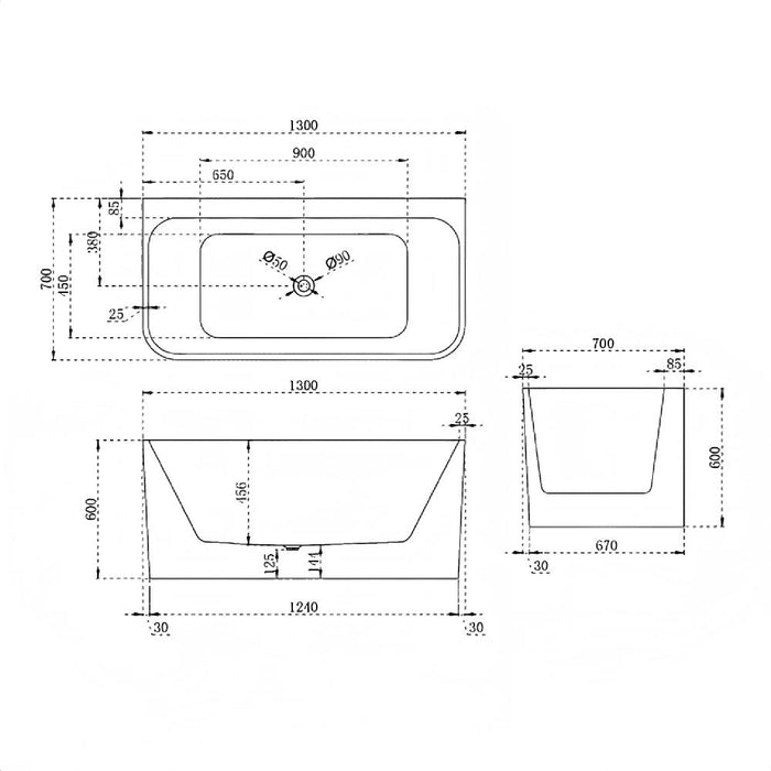 BW FS38 1300/1400/1500/1600/1700mm Gloss White Rectangle Acrylic Back To Wall Freestanding Bathtub