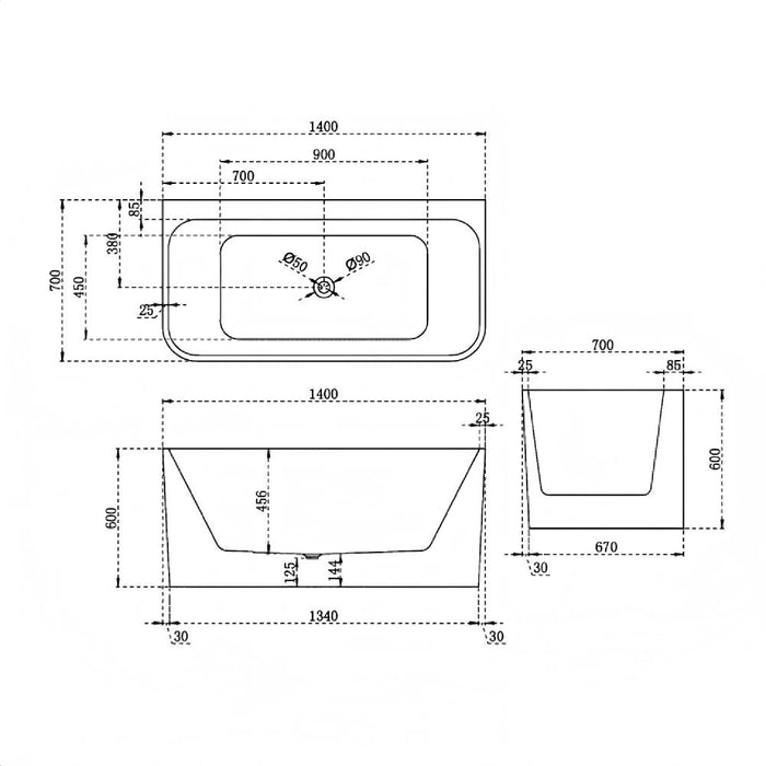 BW FS38 1300/1400/1500/1600/1700mm Gloss White Rectangle Acrylic Back To Wall Freestanding Bathtub
