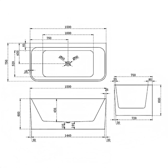 BW FS38 1300/1400/1500/1600/1700mm Gloss White Rectangle Acrylic Back To Wall Freestanding Bathtub