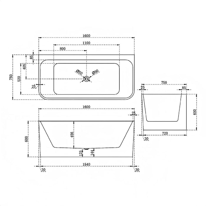 BW FS38 1300/1400/1500/1600/1700mm Gloss White Rectangle Acrylic Back To Wall Freestanding Bathtub