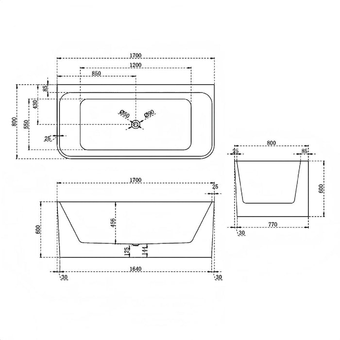 BW FS38 1300/1400/1500/1600/1700mm Gloss White Rectangle Acrylic Back To Wall Freestanding Bathtub