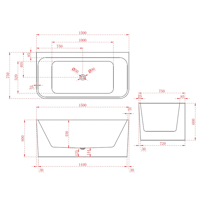 BW FS38 1400/1500/1600/1700mm Gloss White Rectangle 10 Jets Freestanding Spa Baths