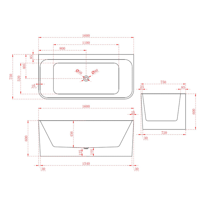 BW FS38 1400/1500/1600/1700mm Gloss White Rectangle 10 Jets Freestanding Spa Baths