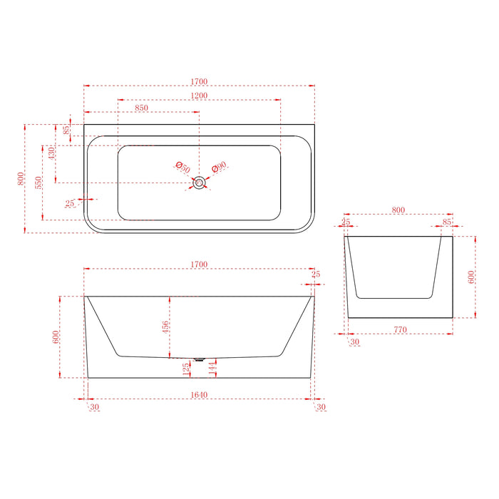 BW FS38 1400/1500/1600/1700mm Gloss White Rectangle 10 Jets Freestanding Spa Baths