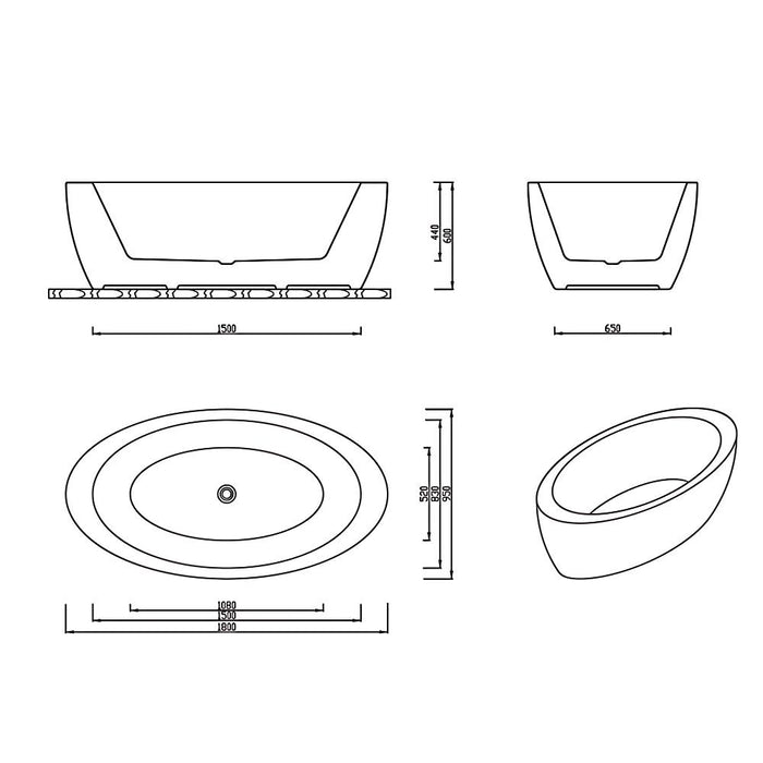 Aplauso 1930/1800*1100/950*660/600mm Bath Tub White Acrylic Free Standing oval