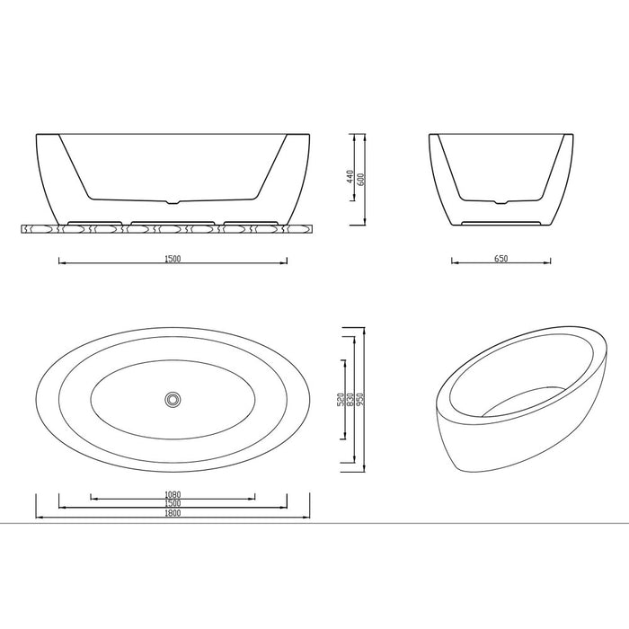 APLAUSO 1930/1800*1100/950*660/600mm White Oval 12 Jets Acrylic Freestanding Spa Bathtub