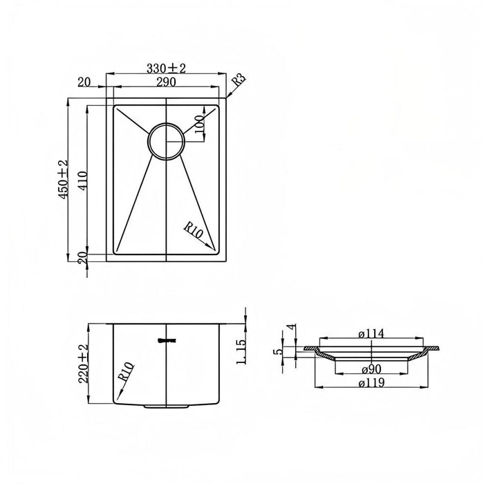 330*450*220mm Inspire AXON Brushed Stainless Steel Single Bowl Top/Under Mount Kitchen Sink